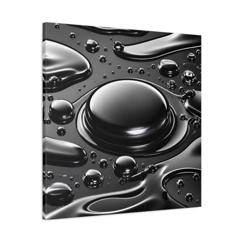 Tableau abstrait pour grand mur blanc de séjour - Toile carrée gouttes noir argent 75x75cm