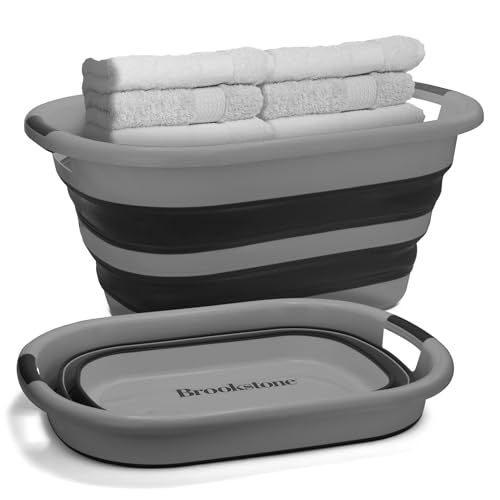 Image of BROOKSTONE 11 GALLON XL 24 inch Collapsible Laundry Basket & Clothes Hamper, Comfort Non-Slip Handles, Modern Laundry Hamper with Space Saving Design, Portable Pop-Up Hamper, BPA FREE, Grey /Black, 1 Pack