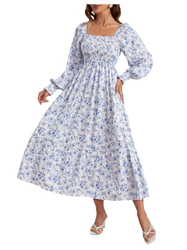 Image of MakeMeChic Women's Floral Lantern Long Sleeve Dress Square Neck Ruffle Hem Dresses Shirred A Line Vacation Dresses Blue and White X-Small