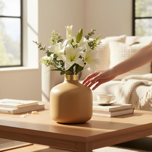Image of Artful Living India - Round Metal Flower Vase | Round Vintage Vase for Living Room, Table, Office Decoration & Home Decor | Antique Decorative Metal Vase (Warm Beige)
