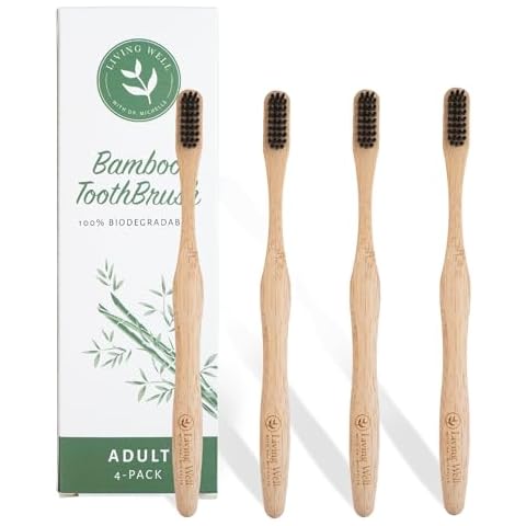 Living Well with Dr. Michelle Bamboo Toothbrushes (4 Pack) Eco-Friendly, Natural, BPA Free & Biodegradable, Infused with Charcoal, Wood Color Tooth Brushes for Adults Cover