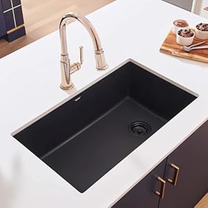 Ruvati 32 x 19 inch Granite Composite Undermount Single Bowl Kitchen Sink Midnight Black Durable White Kitchen Sink for Modern Kitchens Undermount Kitchen Sink Design RVG2033BK