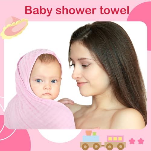 Image of Peryiter 6 Pcs Muslin Hooded Baby Towels, 32 inchx 32 inch Cotton Newborn Bath Towel Muslin Infant Baby Blankets Absorbent Unisex Newborn Registry Gift Essentials for Girls Boys (Pink)