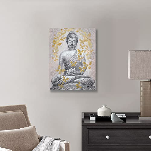 Buddha Canvas Wall Art Gold-Foil: Zen Statue Textured Print With Lotus Flower For Buddhism Prayer Wall Decor Inspirational Posters For Spa Yoga Room Decorations Framed Ready To Hang 12"X16" #TOP4