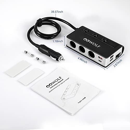 Image of OOWOLF [Upgraded Version] Cigarette Lighter Splitter 2 QUICK CHARGE 3.0, Type-C 12V /24V Cigarette Lighter Adapter, 3-Socket 180W Car Charger Splitter, LED Voltmeter Display Separate Switch