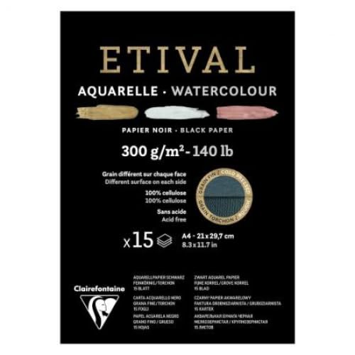 Lot de 5 Bloc encollé de 15 feuilles de papier aquarelle Etival Noir grain fin/torchon, 300 g/m², A4