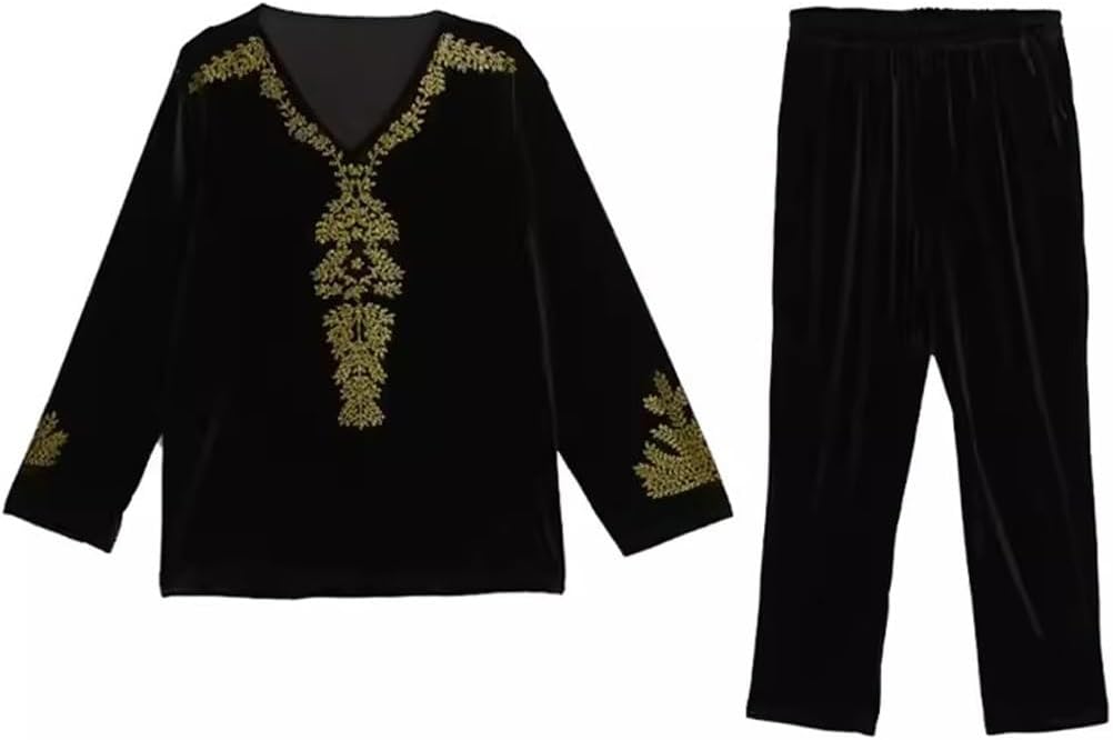 Middle-Aged Elderly Women's Gold Velvet Spring Autumn Loose Flesh-Covering Two-Piece Set(XXXL Code)