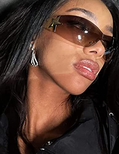 Y2K Sunglasses for Women Men, 2000s Fashion Shield Wrap Around Y2K Glasses Rimless Oversized One Piece Lenses3