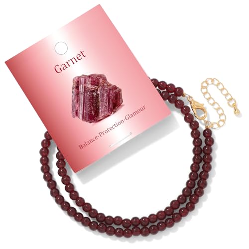 Bolinailo Artificial Garnet Crystal Beaded Necklace for Women 4mm Healing Crystal Choker Necklace Gemstone Necklace Handmade Natural Stone Jewelry for Women