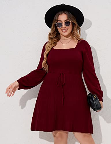 Image of Women's Plus Size Casual Sweater Dress Square Neck Long Lantern Sleeve Tie Waist Loose Pullover Sweater Dresses