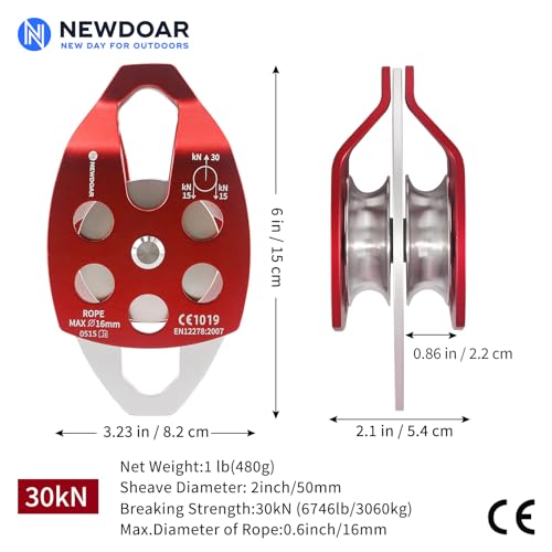 Image of NewDoar 30 KN CE Certified Large Rescue Pulley Single /Double Sheave with Swing Plate