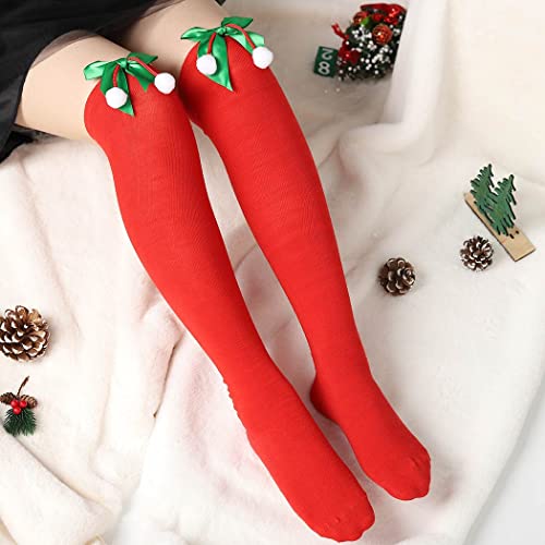 Image of Christmas Party Over Knee Socks Thigh High Stockings Leg Bow Hairball Thigh High Long Stockings for Women and Girls