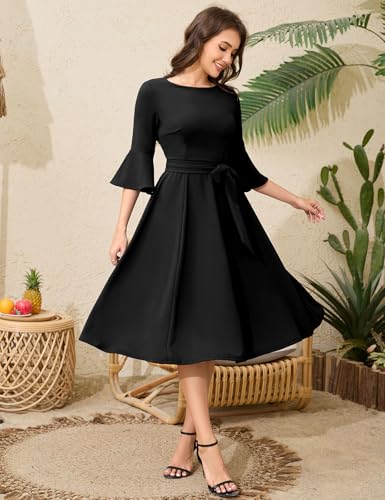Image of HomRain Women's Church Dresses Modest Bell Sleeve Wedding Guest Cocktail Tea Party Vintage Evening Dress