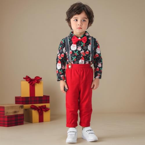 Image of Boarnseorl Baby Boys Pants Sets, Infant Long Sleeve Shirt + Pants + Bow Tie + Suspenders Outfits