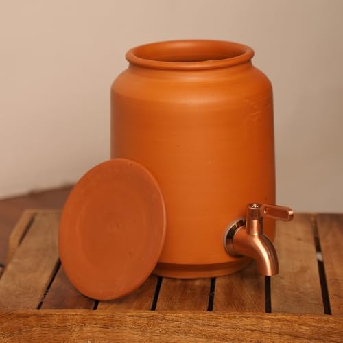 Image of Clay Water Dispenser 2.5 Litre with Copper Stainless Steel Tap & Lid - Terracotta Mitti Water Pot /Matka, Natural Earthenware Drink Dispenser for Kitchen, Home & Office