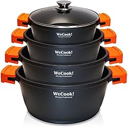 Cazuelas Wecook WECOOK! EcoChef Titanio Batería Cocina Inducción 8 Piezas, Aluminio Fundido, 4 Ollas, Antiadherente QuanTanium + Piedra sin PFOA, Set Cazuelas Tapas Cristal, Asas Silicona, Vitrocerámica, Gas, CHEF4