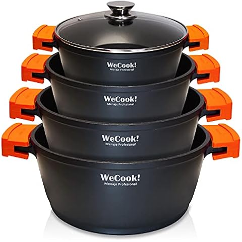 WECOOK! EcoChef Titanium Induction Kitchen Set 8 Pieces, Cast Aluminium, 4 Pots, Non-Stick QuanTanium + Stone PFOA, Glass Lids, Silicone Handles, Glass Ceramic, Gas Cover