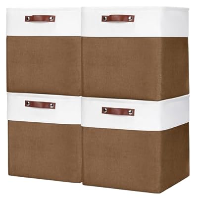 Bagnizer 13x13 Cube Storage Bins, Collapsible Fabric Storage Box, 4 Pack Closet Baskets with Handles for Organizing, Shelf, Toys, Clothes, Home, Office, Nursery (Brown&White)