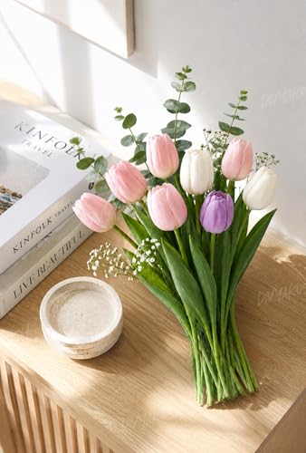 Image of Divyakosh Artificial Flowers for Vase (Vase Not Included) - Luxury Tulip Flower Bouquet with Eucalyptus & Baby's Breath, Faux Floral Arrangement for Home Decor, Living Room, Dining Table, Office