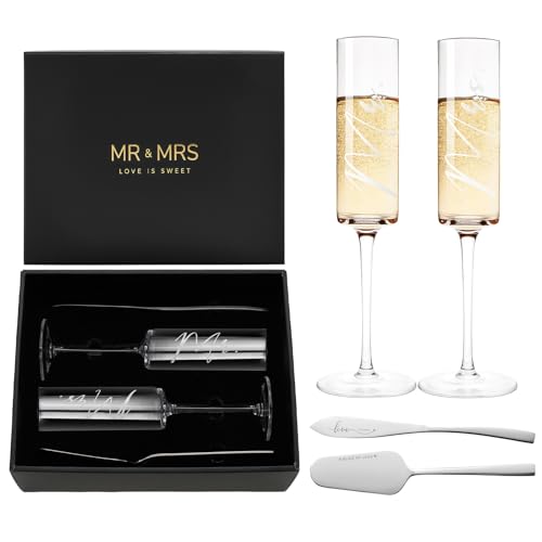 Image of AW BRIDAL 4Pcs Mr and Mrs Champagne Flutes with Silver Wedding Cake Knife