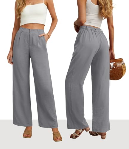Image of Feiersi Womens Casual Wide Leg Pants High Waisted Button Down Straight Long Trousers Palazzo Pants