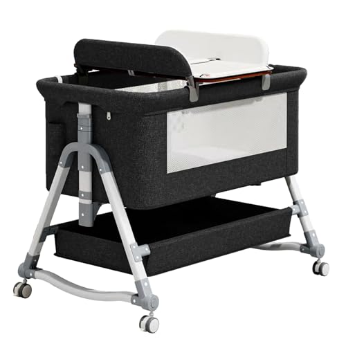 Image of HARPPA Baby Bassinet Bedside Sleeper (Diaper Changing Station + Mosquito Net Included), Adjustable Bedside Crib with Storage (Wood Grain, Black)