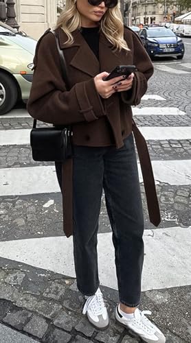 CHARTOU Women Crop Wool Pea Coat Lapel Collar Office Work Short Winter Jacket Trench Coat4