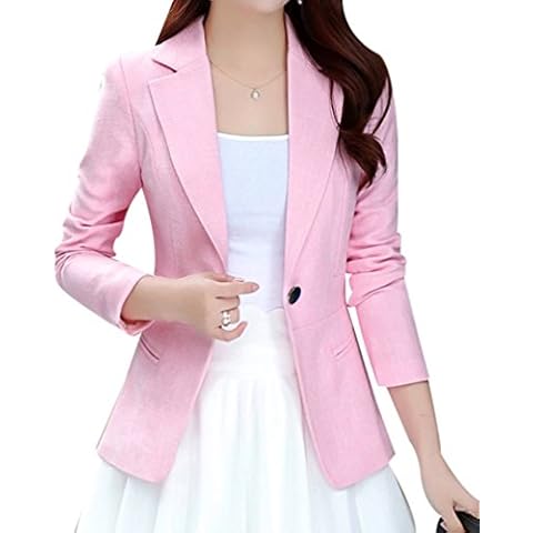 Yasong Women Long Sleeve Linen Feel Casual Work Formal Suit Smart Jacket Blazer Pink (UK 6 Fit Bust 31-inch) Tag M Cover
