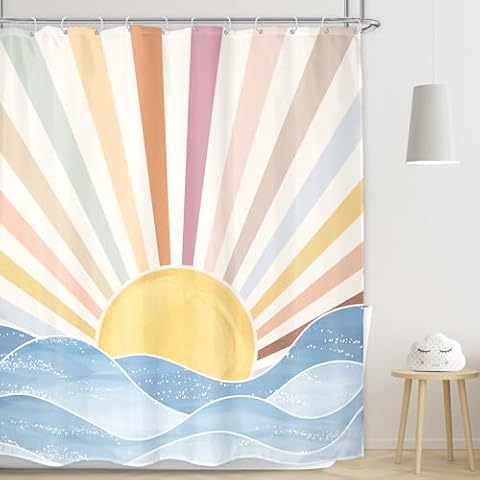 LGhtyro Boho Rainbow Sun Shower Curtain Bathroom Set 60Wx71H Inches Retro 70s Abstract Colorful Sunshine Sunrise Sunset Ocean Sea Waves Bath Accessories Aesthetic Art Home Decor Fabric 12 Pack Hooks Cover