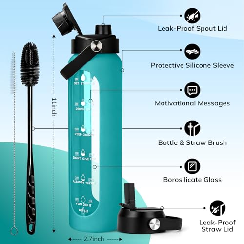 Image of Aqulea 32 oz Glass Water Bottle with 2 Lids - Spout & Straw Lids, 1L Motivational Borosilicate Glass Water Bottle with Time Marker & Silicone Sleeve, Leakproof (Aqua)
