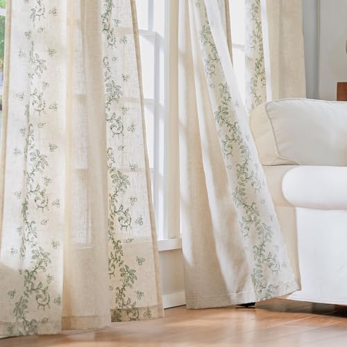 Image of jinchan Floral Linen Curtains, Back Tab 50x84 Inch, 2 Panels Sage