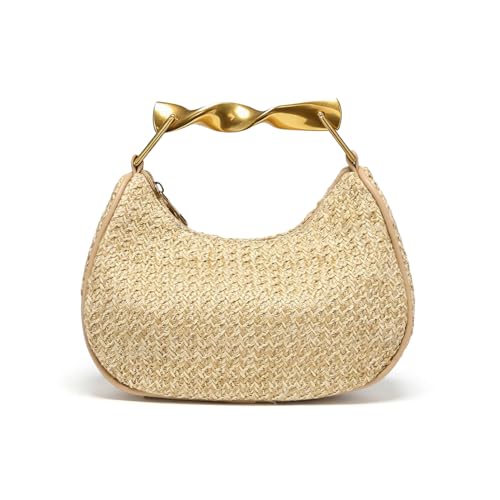 Nefokfdus Straw Bag for Women,Boho Chic Woven Hobo Tote Handbag,Handmade Straw Crescent Satchel Purse,Mini Summer Beach Bag