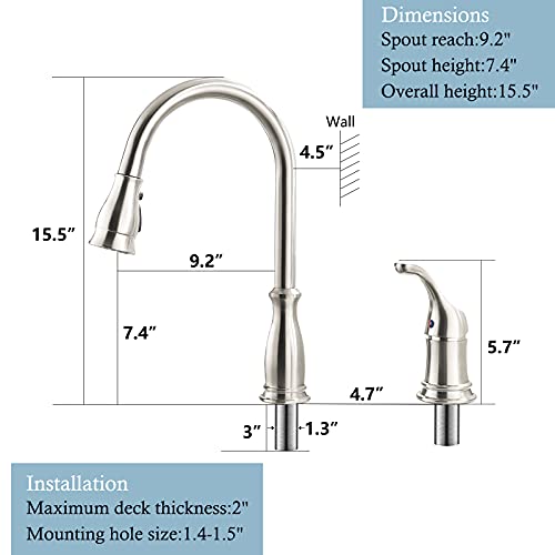 Appaso 2 Hole Kitchen Faucet With Pull Down Sprayer, Stainless Steel Brushed Nickel Commercial Kitchen Sink Faucet With Side Single Handle, Aps278Bn #TOP5