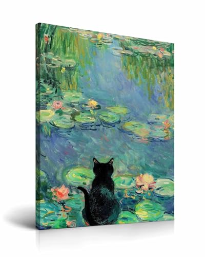 HesenDot Toile murale encadrée chat noir Claude Monet Claude Monet - Impression sur toile - Décoration murale amusante pour la maison, le salon, la chambre d'enfant,...