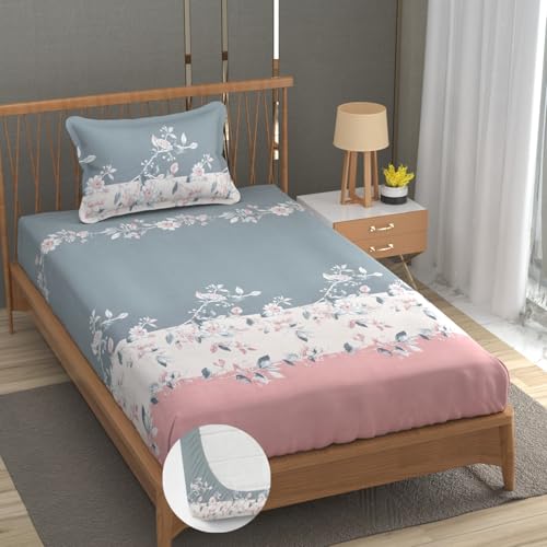 Image of Vram Premium Heavy Cotton Elastic Fitted Bedsheets with 1 King Size Pillow Covers || Single Bed with All Around Elastic 350 TC || 36 x 78 x 6 Inch Single Size Fitted || :- Pink Tricolor