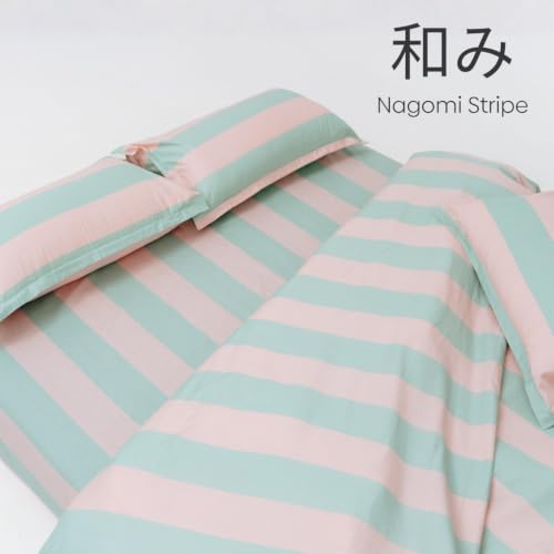 Image of Haus & Kinder Double Bed Bedsheet 90 x 100 | 186 TC Pure Cotton Bed Sheet Double Bed with 2 Pillow Covers | Queen Size Bed Sheet | Nagomi Stripe Harmony & Tranquility
