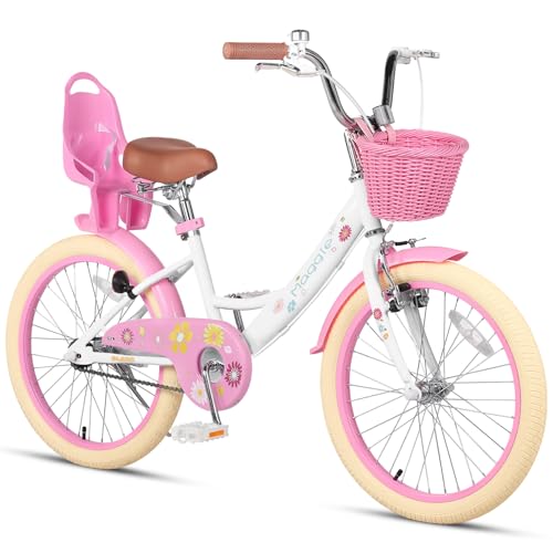 Glerc Maggie 20 Pulgadas niñas Bicicleta Edad 7 8 9 10 11 13 años de Edad niños Bicicleta Estilo Princesa con Asiento de la muñeca Cesta Pata de Cabra Campana para cumpleaños, Blanco
