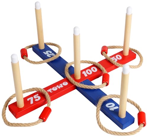 TOWO Holz Ringwurfspiel – Wurfspiel für Kinder & Erwachsene – Indoor & Outdoor für Rasen, Garten, Camping, Strand, Reisen & Party – Klassisches Seil-Zielspiel Geschenk für Familienspaß & Mathematik