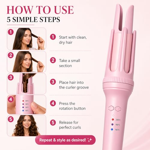 Image of Automatic Hair Curler | Effortless Hair Styling with Adjustable Temperature and Smooth Rotating Design for Perfect Curls on All Hair Types (PINK)