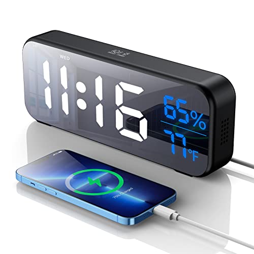 AOZBZ Despertador Digital, Reloj Digital LED con Indicador de Temperatura y Humedad, 4 Brillos Ajustables, Doble Alarma, Puerto de Carga USB, 12/24 Horas (Negro) Cover