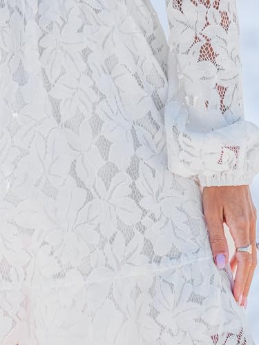 Image of CUPSHE Women Elegant V Neck Lace Peasant Sleeve Mini Summer Dress Elastic High Waist A Line Casual Wedding Guest Dress