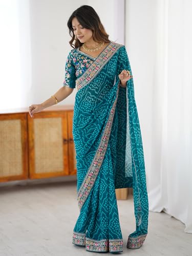 Image of Satrani Women's Georgette Bandhani Printed Sequin Embroidery Saree with Unstitched Blouse Piece