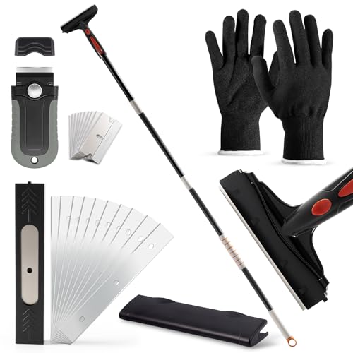 Image of Gomake Extendable Floor Scraper Heavy Duty 6 inch Wide Razor Blade Scraper Tool with 17''-59 inch （1.4ft- 4.9ft）Long Handle, 10PCS Extra Metal Blades for Cleaning Glass Wall Gum Paint Tile Glue
