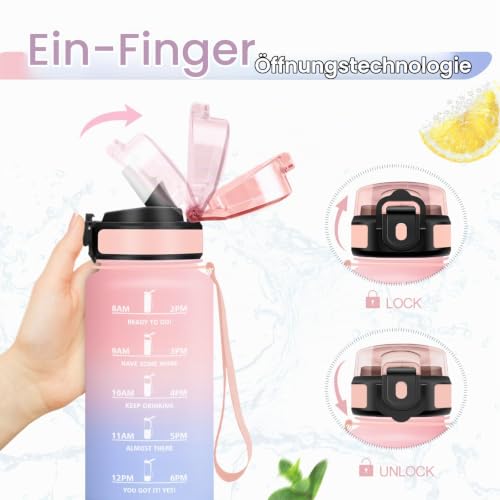 KollyKolla Sportflasche 500ml, Trinkflasche Kohlensäure Geeignet, Auslaufsicher, Trinkflasche mit Zeitmarkierung & Strohhalm… – Ansicht 3