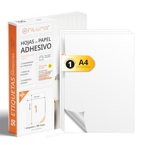 Etiquetas Adhesivas Blancas, Crea tus Pegatinas Personalizadas para cualquier Superficie, Papel A4 Adhesivo Seguro, Etiqueta Adhesiva para Imprimir - Ofituria (1 por hoja, 50h)