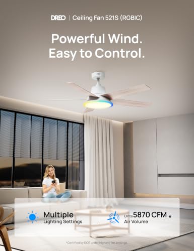 DREO Smart Deckenventilator mit Licht, 132 cm, 12 Geschwindigkeiten, 3 Modi, stufenlos dimmbares LED-Beleuchtung, leiser DC-Motor, 12H-Timer, Fernbedienung/APP/Alexa, für Innenräume, Weiß
