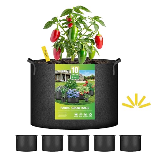 iPower 5-Pack 10 Gallon Plant Grow Bags Thickened Nonwoven Aeration Fabric Pots Heavy Duty Durable Container, Strap Handles for Garden, Black New