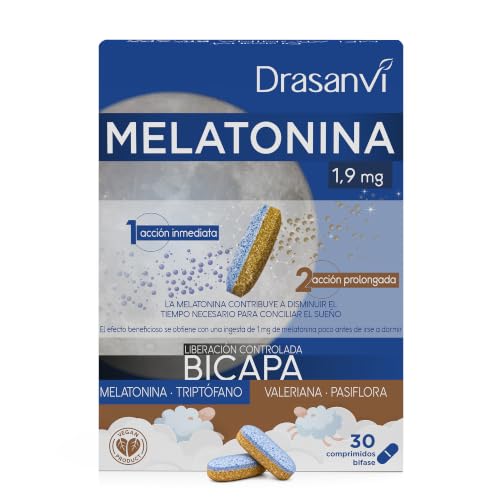Drasanvi Melatonina Pura 1,9 mg con Triptófano, Pasiflora y Valeriana | Formula de Liberacion Bicapa Retard, Ayuda a Mantener un Sueno Reparador Durante Toda la Noche, Sin Gluten Diariamente