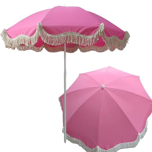 QSPNVFB Ombrellone da Spiaggia Rosa con Frange, Ombrellone da Tavolo con Nappe Boho, Grande Ombrellone da Patio, Ombrellone Portatile per Giardino, Mercato, Fotografia di Matrimonio(140cm)
