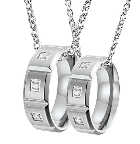 Ayoiow Collar de pareja para él y ella, anillo de plata de 8 mm con circonitas, collar de acero inoxidable para mujer, plata